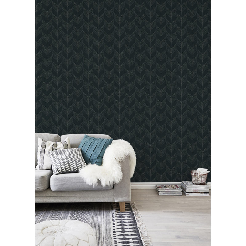 Organic Chevron 10' L x 24" W Wallpaper Roll, Non-pasted, Black