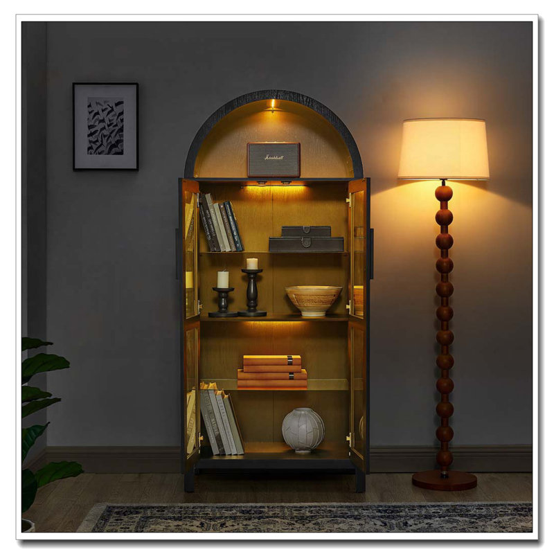 Armoire de rangement arquée avec lampe, cloisons réglables en verre, Brown