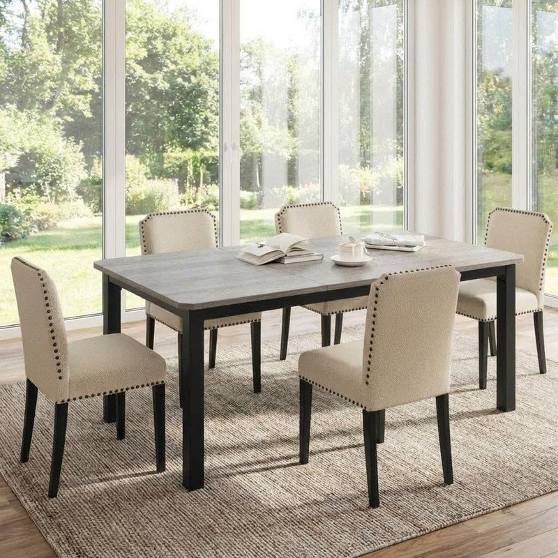 5-Piece 78.7” Dining Table Set with 4 Upholstered Chairs – Industrial Kitchen Table, High Back Dining Chair with Wood Legs for Family Dining