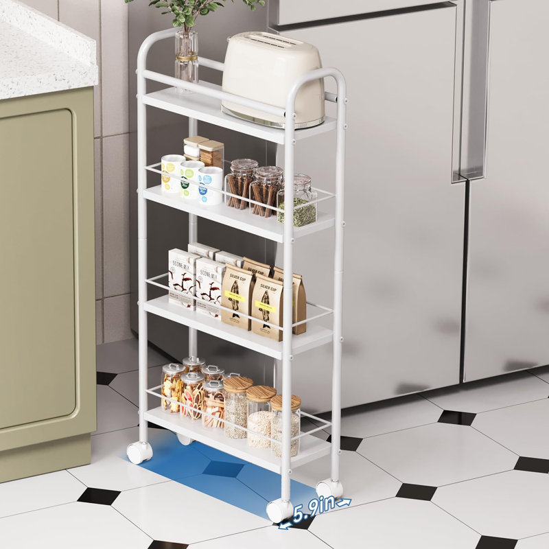 Chariot de rangement mince et roulant avec 4 tablettes à niveaux, chariot utilitaire étroit sur roulettes pour la cuisine, la salle de bain, la salle de lavage et les petits espaces