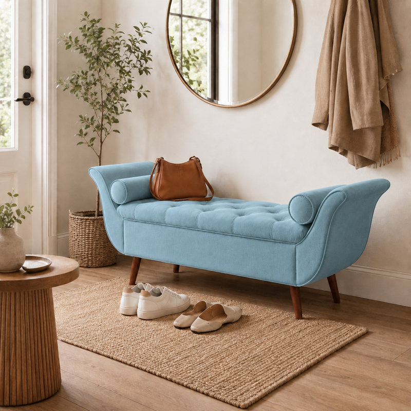 Velvet Upholstered Storage Bench, Blue