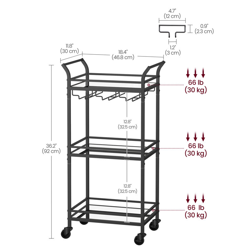 Aivah Kitchen Cart, Black, 92cm H x 46.8cm W x 30cm D