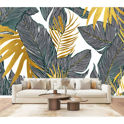 Peel and Stick Wallpaper Seamless banana golden palm leaves Wall Murals 69"H x 96"W Removable PVC Wall Paper Self-Adhesive Wall Decor for Bedroom Living Room Home Office