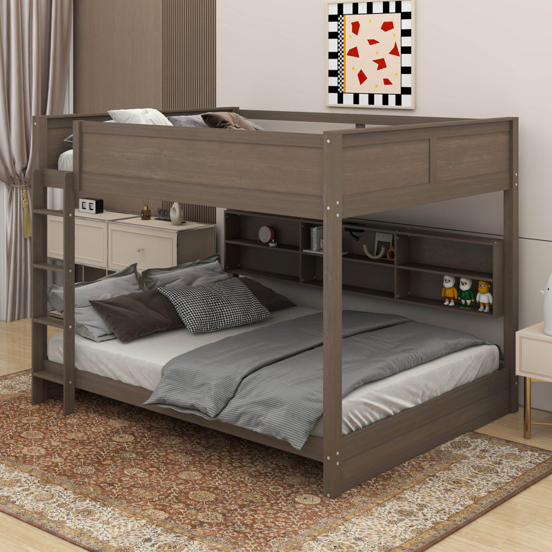 Lit superposé grand sur grand avec armoires et ports USB, Couleur de bois antique