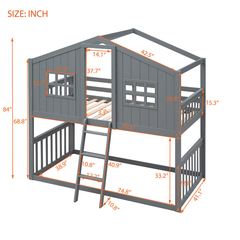 Twin Over Twin House Bunk Bed With Ladder, Wood Bed-Grey