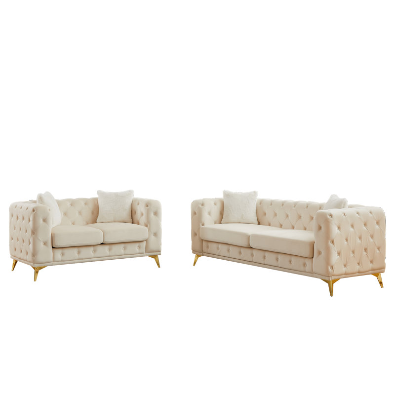Ensemble de canapé chesterfield Mid-Century en velours avec capitonnage et pieds en métal, Vert