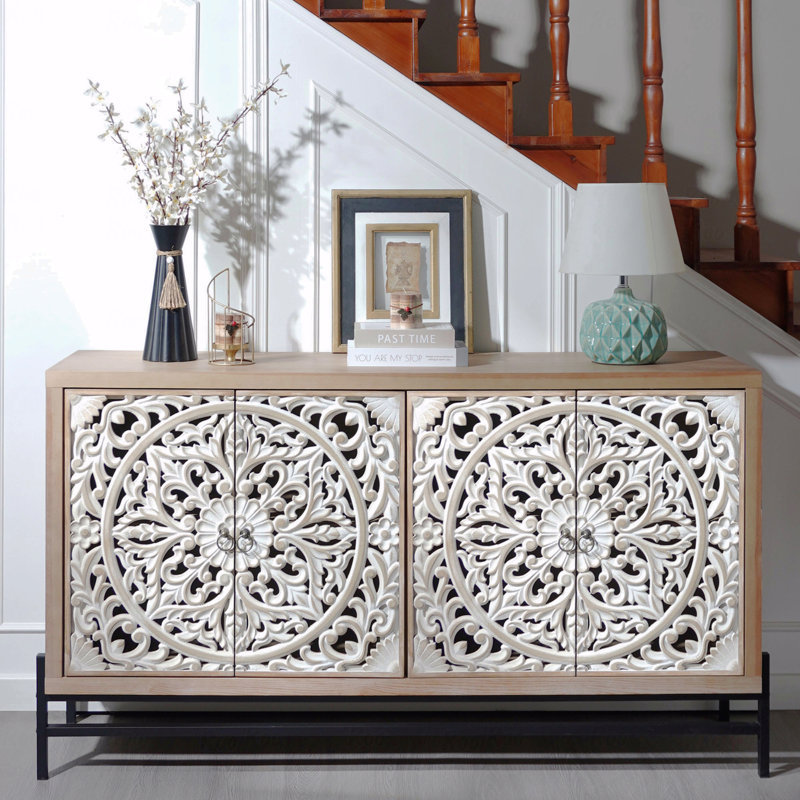 Buffet, rétro, bois métallique, 4 portes, armoire, armoire sculptée avec base de rangement élégante