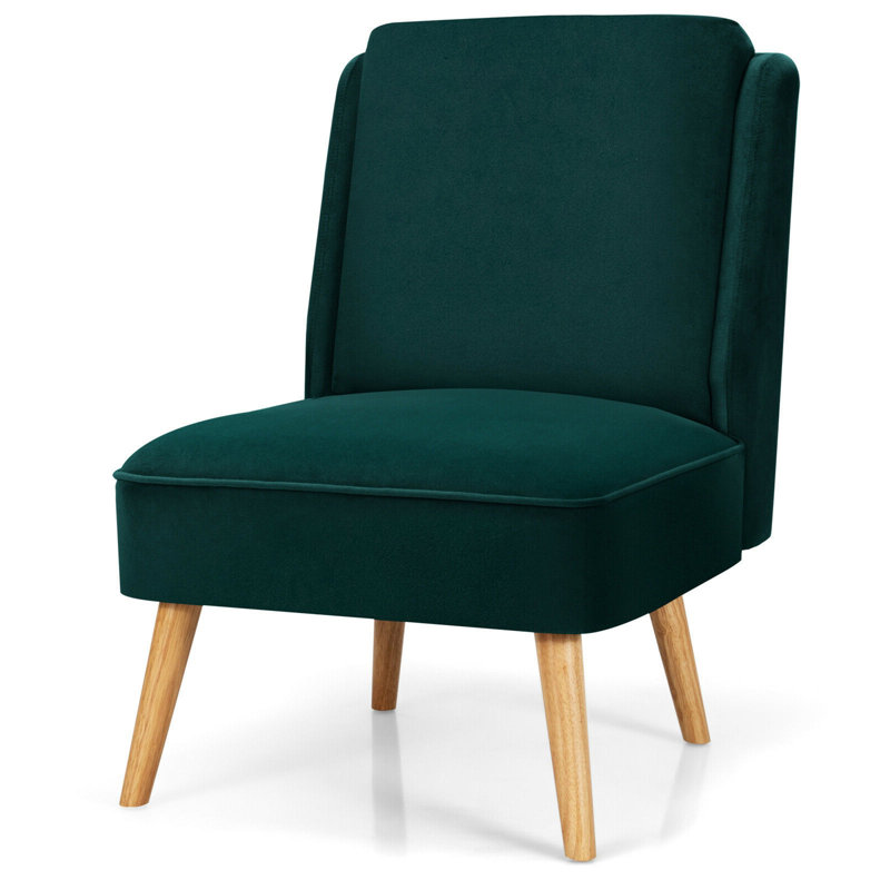 Green Velvet Armless Accent Chair with Wood Legs
