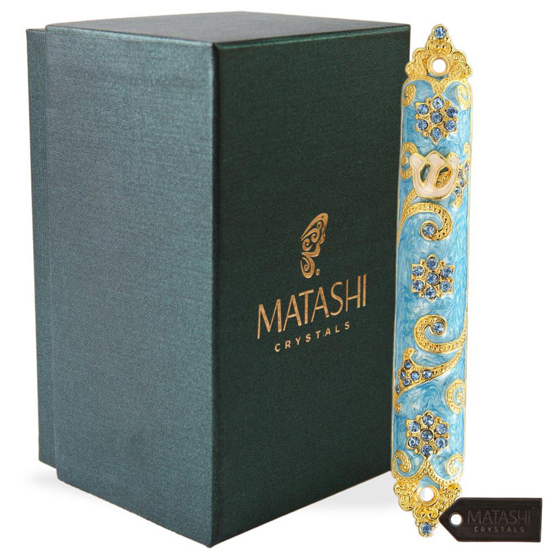 Hand Painted Blue Mezuzah with 24K Gold and Crystals
