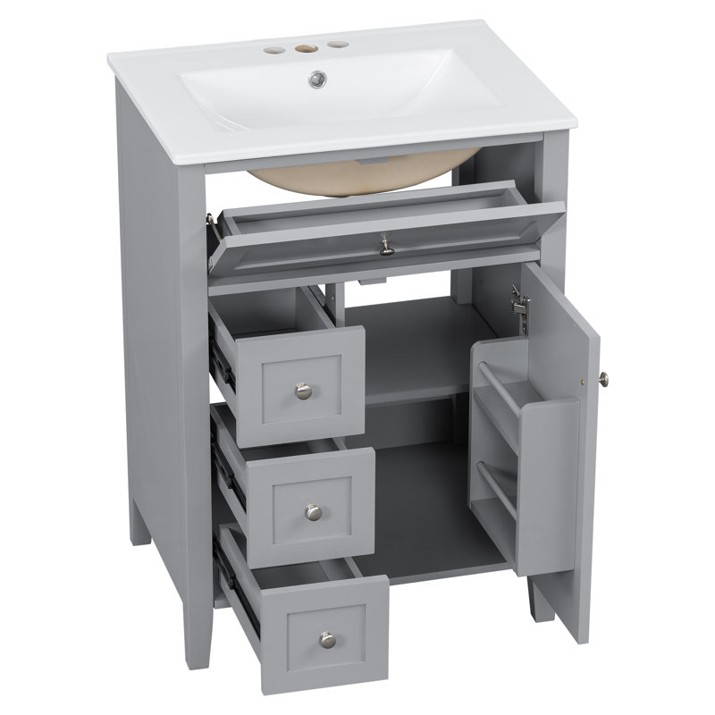 Meuble-lavabo moderne 24 po avec évier en bois d'hévéa Quarryn, Gris