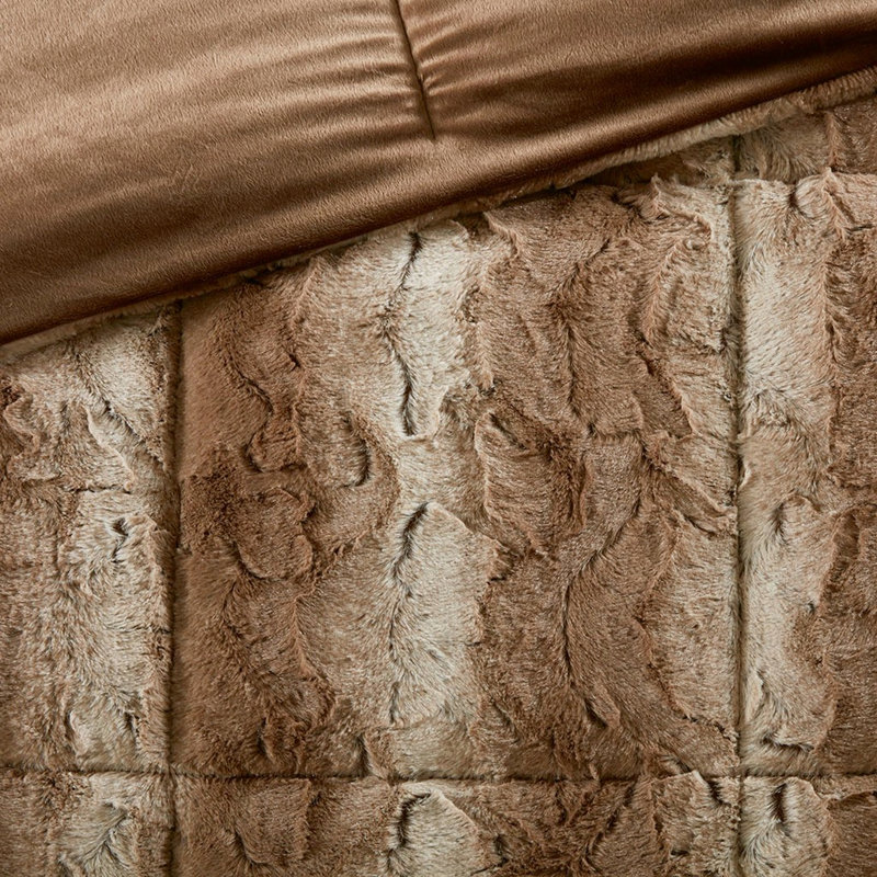 Édredon en fausse fourrure pour grand lit - literie douce 4 pièces avec édredon, 2 taies décoratives, coussin décoratif brun