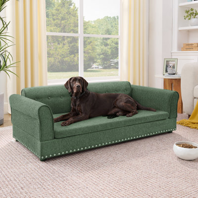 Canapé surdimensionné pour animal de compagnie, élégant canapé-lit surélevé en tissu de lin moderne, lit pour animal de compagnie rectangulaire surdimensionné confortable avec dossier et accoudoirs pour grands et très grands chiens - vert olive