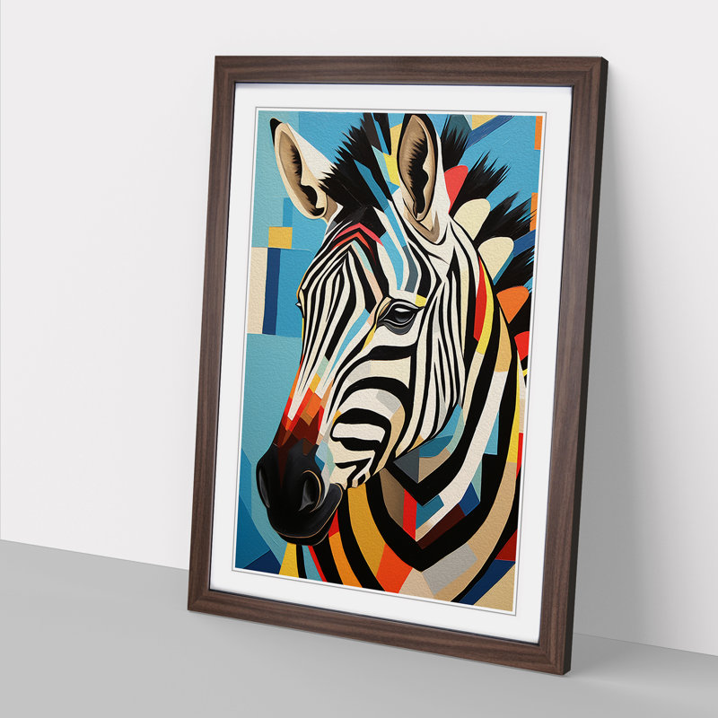 Zebra Geometric No.3 - Single Picture Frame Print on Wood, 64cm H x 46cm W x 2cm D, Walnut