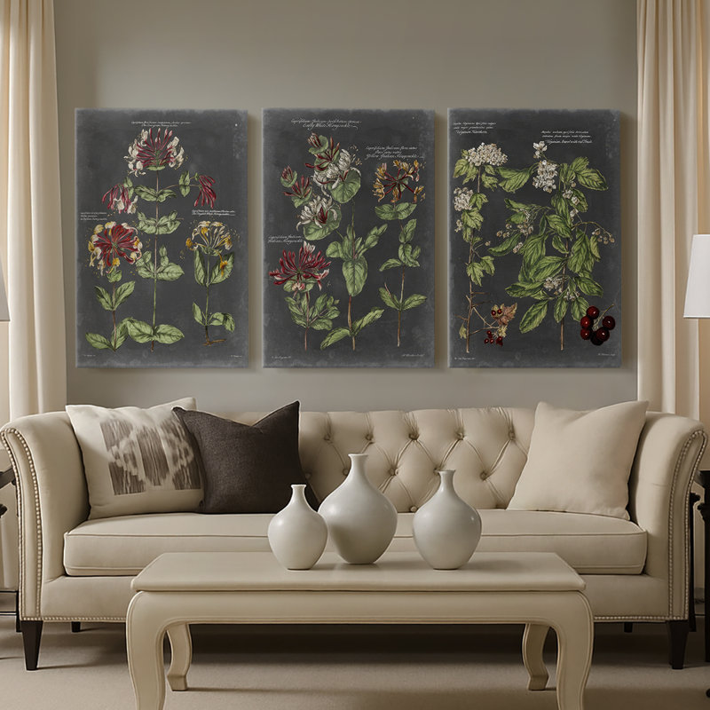 Tableau botanique rétro I - Toile tendue sur mesure - 3 pièces, H 18 po x l 36 po