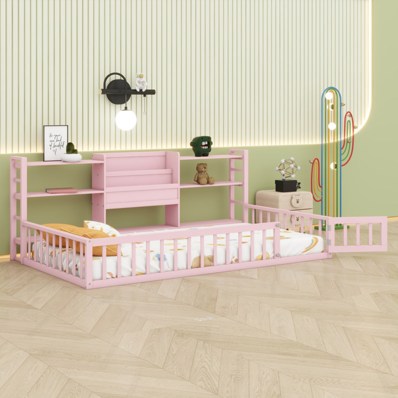Base de lit pour enfants, tablettes de rangement intégrées, Queen, Pink