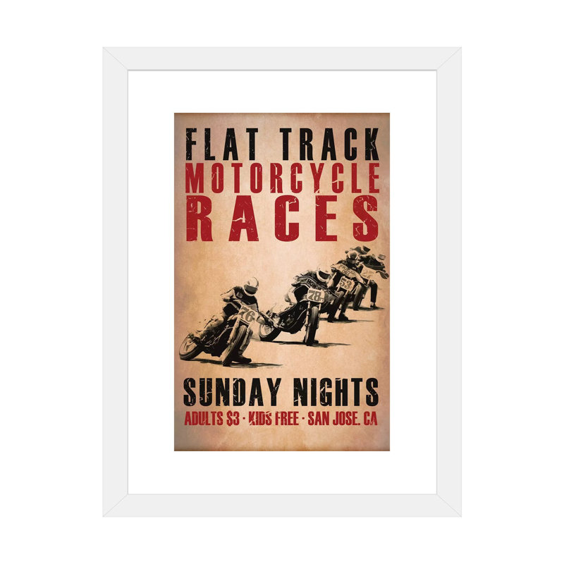 «Flat Track Racers» par Mark Rogan - impression d'art graphique, H 24 po x l 16 po x P 1 po, Papier encadré blanc, Blanc