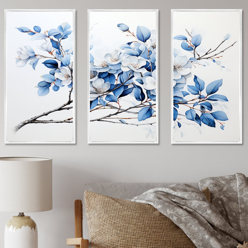 «Blue and Gray Leaves II», ensemble de reproductions d'art mural, Cadre flottant blanc, H 32 po x l 48 po x P 1 po