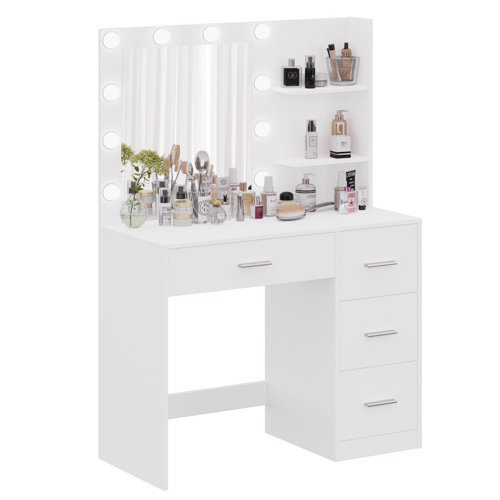 Ebern Designs Makeup Vanity Table with Lighted Mirror, Vanity Desk with 