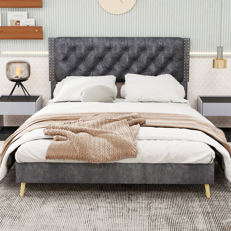 Lit tapissier en velours, Gris, Grand lit