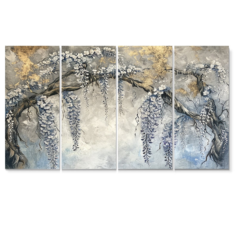 Ensemble de 4 décorations murales argentées argentées Wisteria, H 28 po x l 48 po