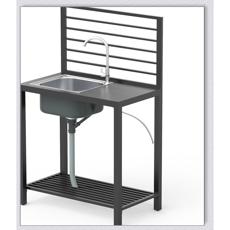 Îlot de cuisine extérieur avec rangement, structure en aluminium, évier en acier inoxydable, robinet et égouttoir pour une utilisation intérieure / extérieure