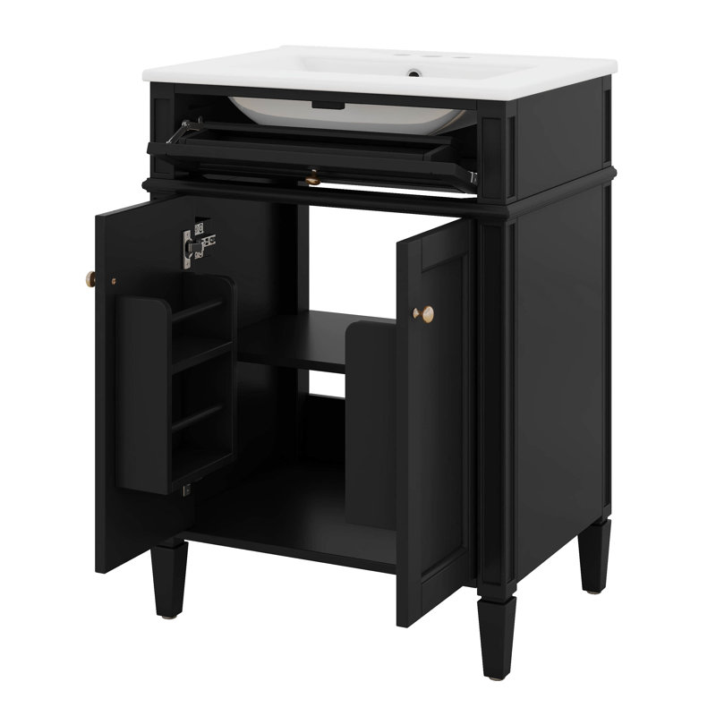 Meuble-lavabo de salle de bain 24 po avec lavabo, armoire de rangement moderne avec 2 portes à fermeture douce et un tiroir basculant, structure en bois massif