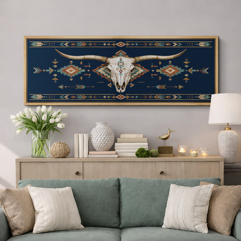 «Southwestern Bull Skull Boho Western Rustic Room Decor Extra Large», reproduction d'art sur toile encadrée, Naturel