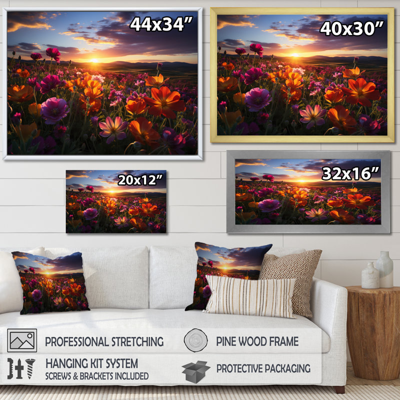 Coucher de soleil sur un champ de fleurs sauvages - Art sur toile, Cadre flottant doré, H 16 po x l 32 po x P 1 po