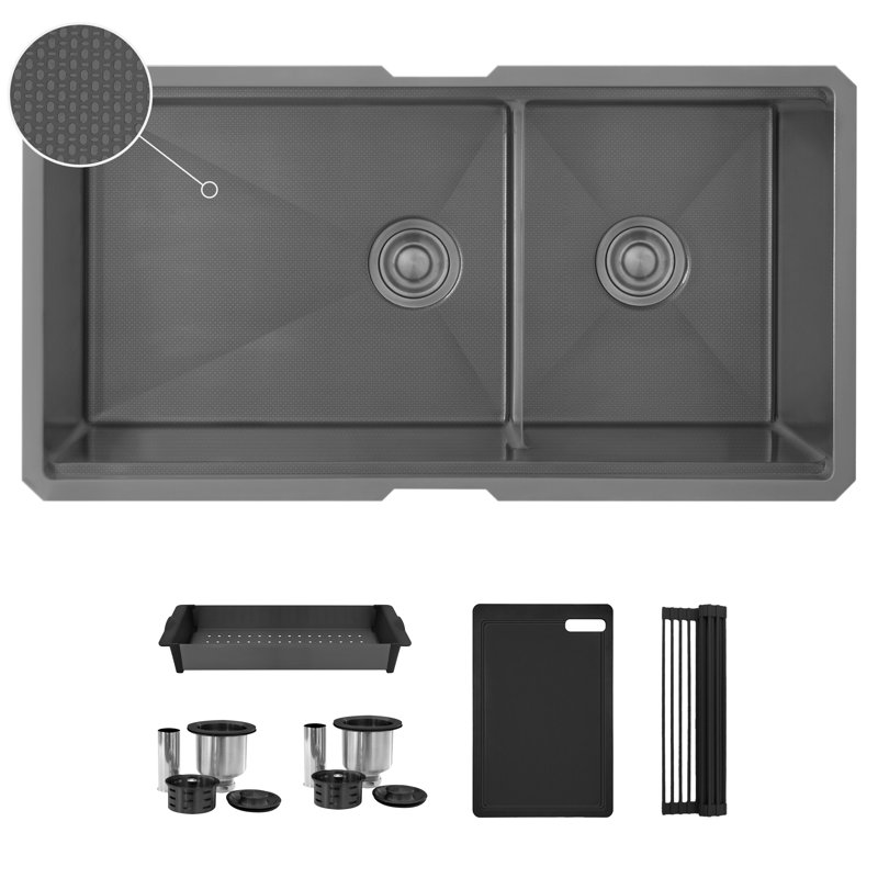 Undermount 36 inch Workstation 60/40 Double Bowl Kitchen Sink with Dura-Tek finish and Accessories
