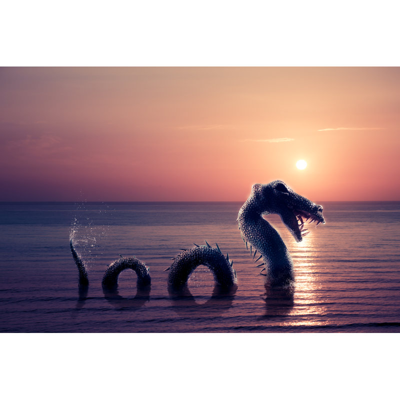 Loch Ness Monster Emerging From Water At Sunset by Fergregory - Wrapped Canvas Print, 20cm H x 30cm W