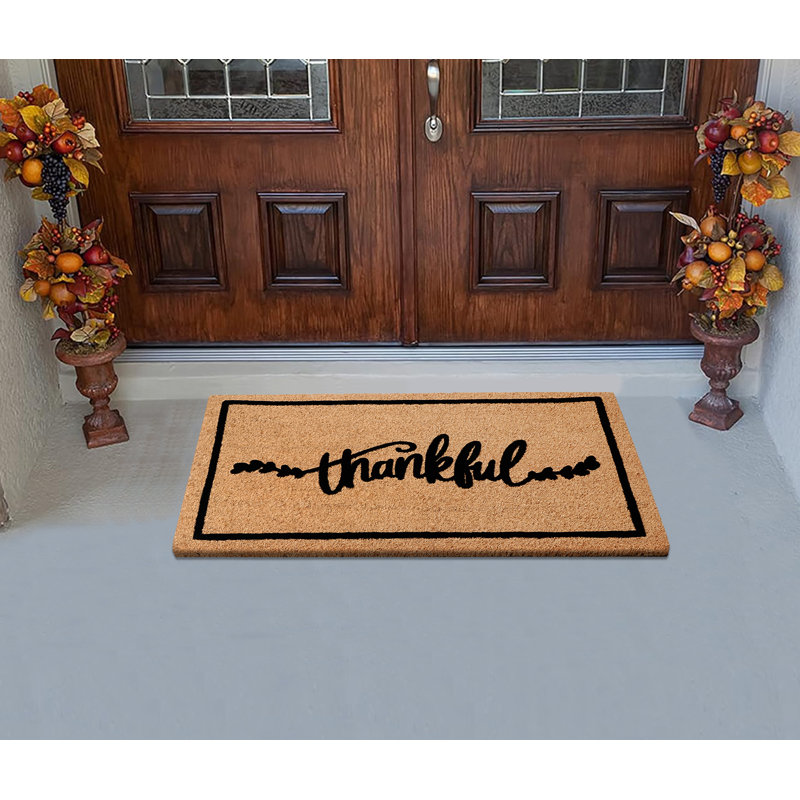 Natural Coir Flocked “Thankful Black” Door Mat, Heavy-Duty Non-Slip PVC Backing, Low-Profile Outdoor Doormat, 24" W x  36" L