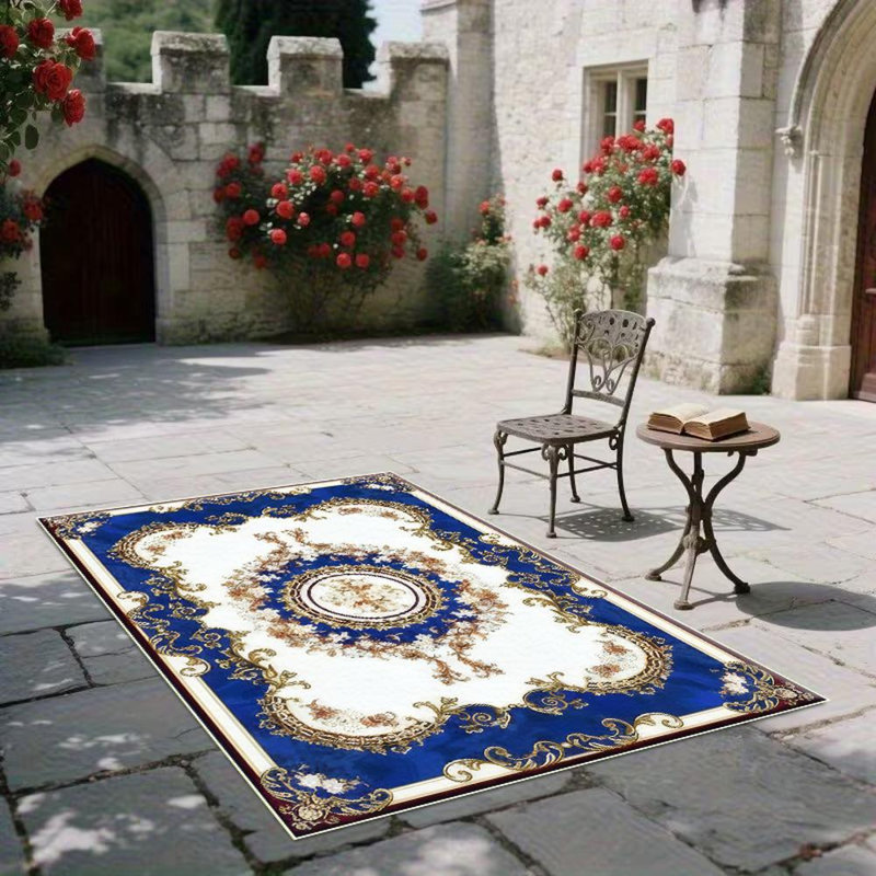 Ornate Blue And Gold Pattern Area Rug, Soft And Lightweight, Suitable For All Seasons, Easy To Maintain And Easy To Clean, Machine Washable Carpet Floor Mat, Suitable For Living Room, Bedroom, Dining Room, Balcony, Office, Room Decor, Home Decor, Outdoor