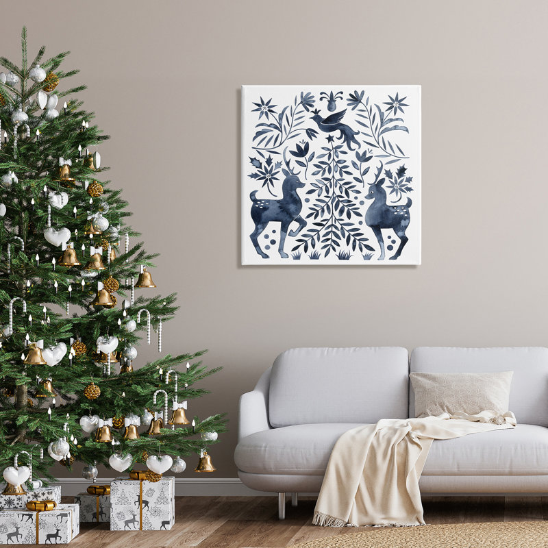 Chevreuil festif, colombe, sapin de Noël, plantes, feuilles, H 30 po x l 30 po x P 1,5 po, Toile tendue