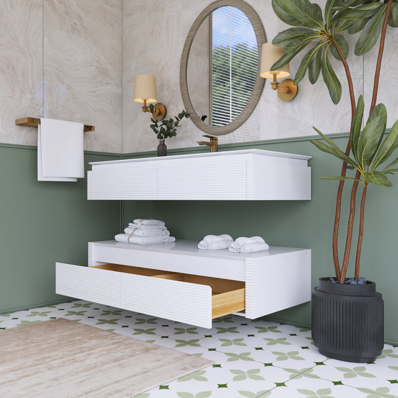 Meuble-lavabo mural simple 48 po avec plateau en marbre, White