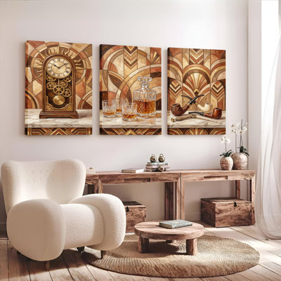Ensemble de 3 tableaux sur toile représentant une horloge vintage, une carafe à whisky et des pipes, idéal pour décorer un salon ou un bureau.