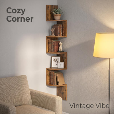 Étagère murale de coin flottante à 5 niveaux, support de rangement mural en bois brun rustique pour chambre à coucher, salon, plantes, photos et décor