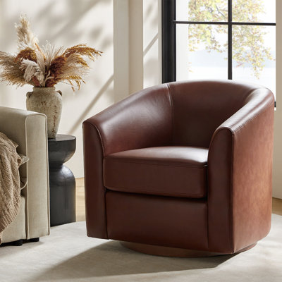Amiir 30.5'' Wide Genuine Leather Swivel Barrel Chair with Solid Wood Base