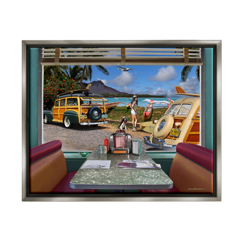 Diner rétro avec vue sur la plage, H 25 po x l 31 po x P 1,7 po, Cadre flottant gris lustré