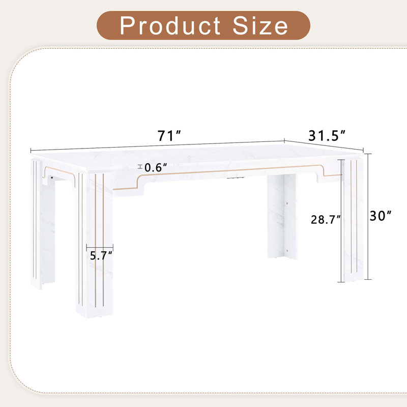71"×31.5" White Marble Pattern MDF Spliced Dining Table, Grooved Leg Design Household Dinner Table For 6-8 People