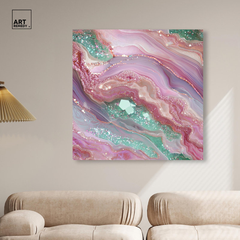 «Pink and Mint Crystal II», toile abstraite colorée par , H 40 po x l 40 po, Toile tendue