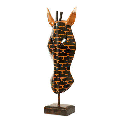Masque de girafe tachetée tribal en bois avec support sculpté à la main 20 po
