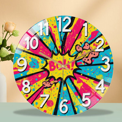 Colorful Pop Art Style Wall Clock Funky Retro Comic Design Home Decor Art - 12'' Modern Glass Wall Clock