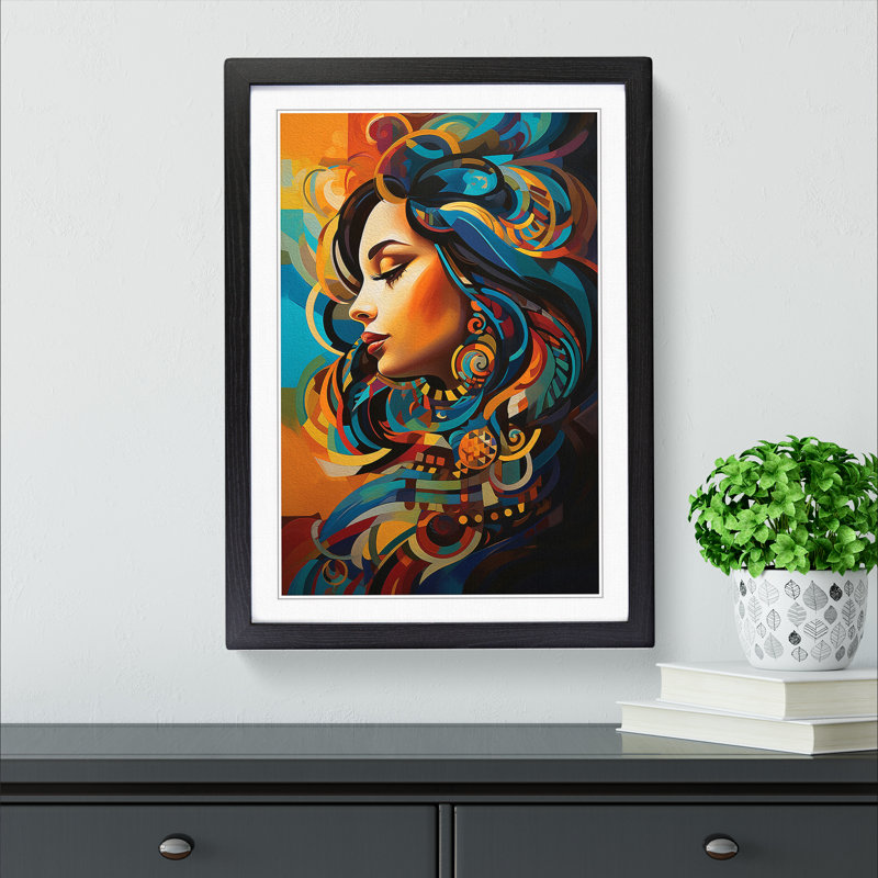 Indian Woman Orphism - Single Picture Frame Print on Wood, 46cm H x 34cm W x 2cm D, Black 