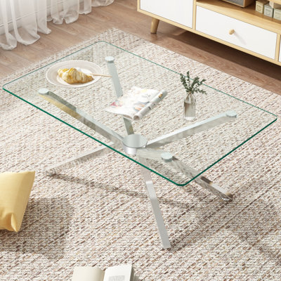 Table basse de 39,37 po rectangulaire en verre trempé transparent, design élégant avec pieds en métal argenté, table basse de salon