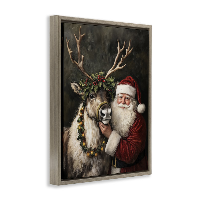 Cadre flottant père Noël et renne, design par Arlington Prints, H 21 po x l 17 po, Cadre flottant orme Montalcino