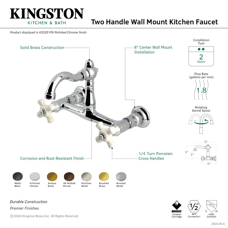 Kingston Brass Vintage Double-Handle 2-Hole Wall-Mount Bridge Kitchen Faucet, Antique Brass