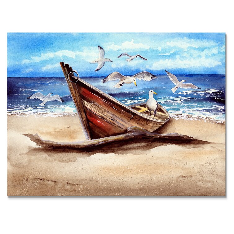 East Urban Home An Old Fishing Boat On The Sandy Beach Framed On Canvas Print Format: Gold Closed Corner Frame Canvas