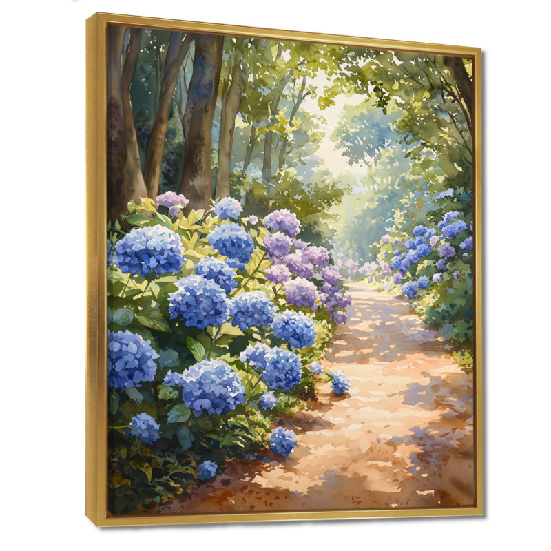 Hydrangeas in the Garden Path II - Hydrangea Wall Art for Living Room, H 40 po x l 30 po, Impression encadrée flottante, Doré