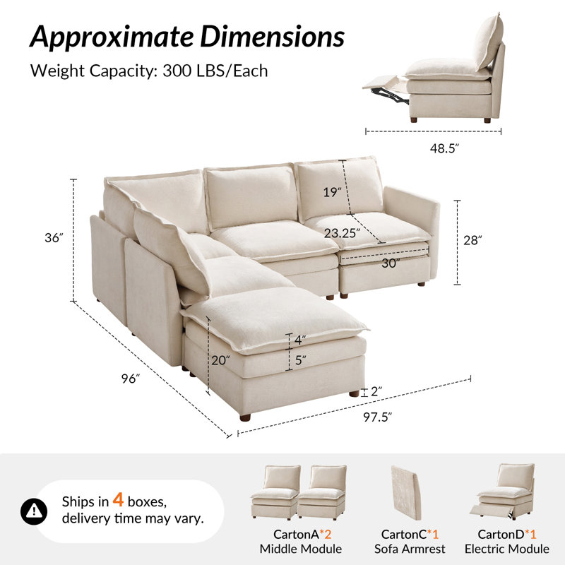 Canapé modulaire surdimensionné à double couche avec rangement et pédale extensible Cashin, Polyester beige