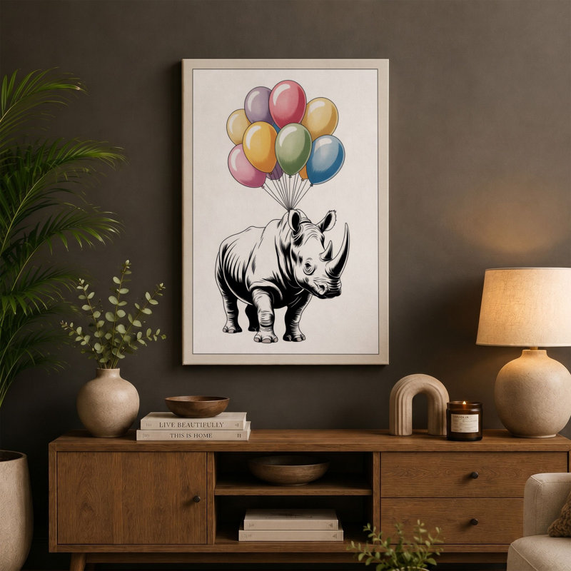 Rhinoceros with Balloons Whimsical - Wrapped Canvas, Black Border, 30x20 - 76.2 x 50.8 cm